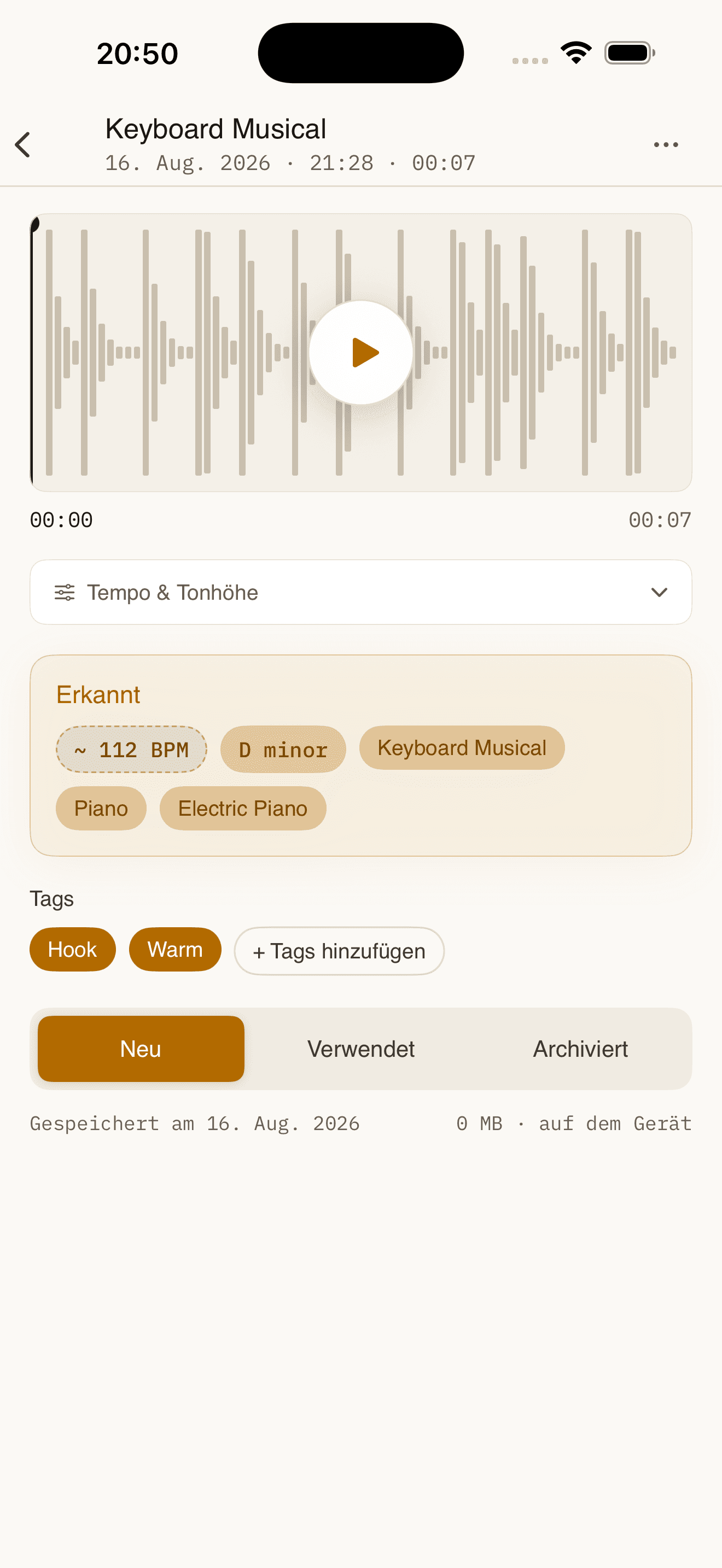 Tempo, key, and instrument, detected automatically