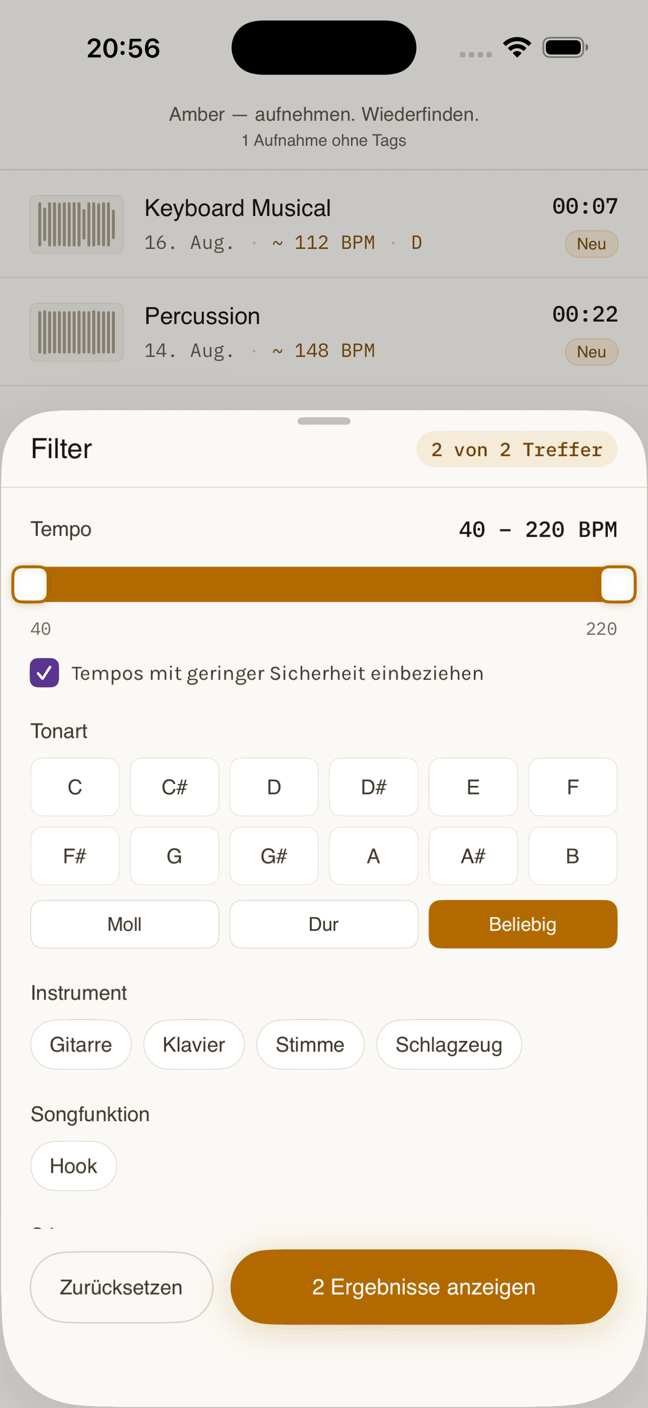 Filter by BPM, key, or instrument