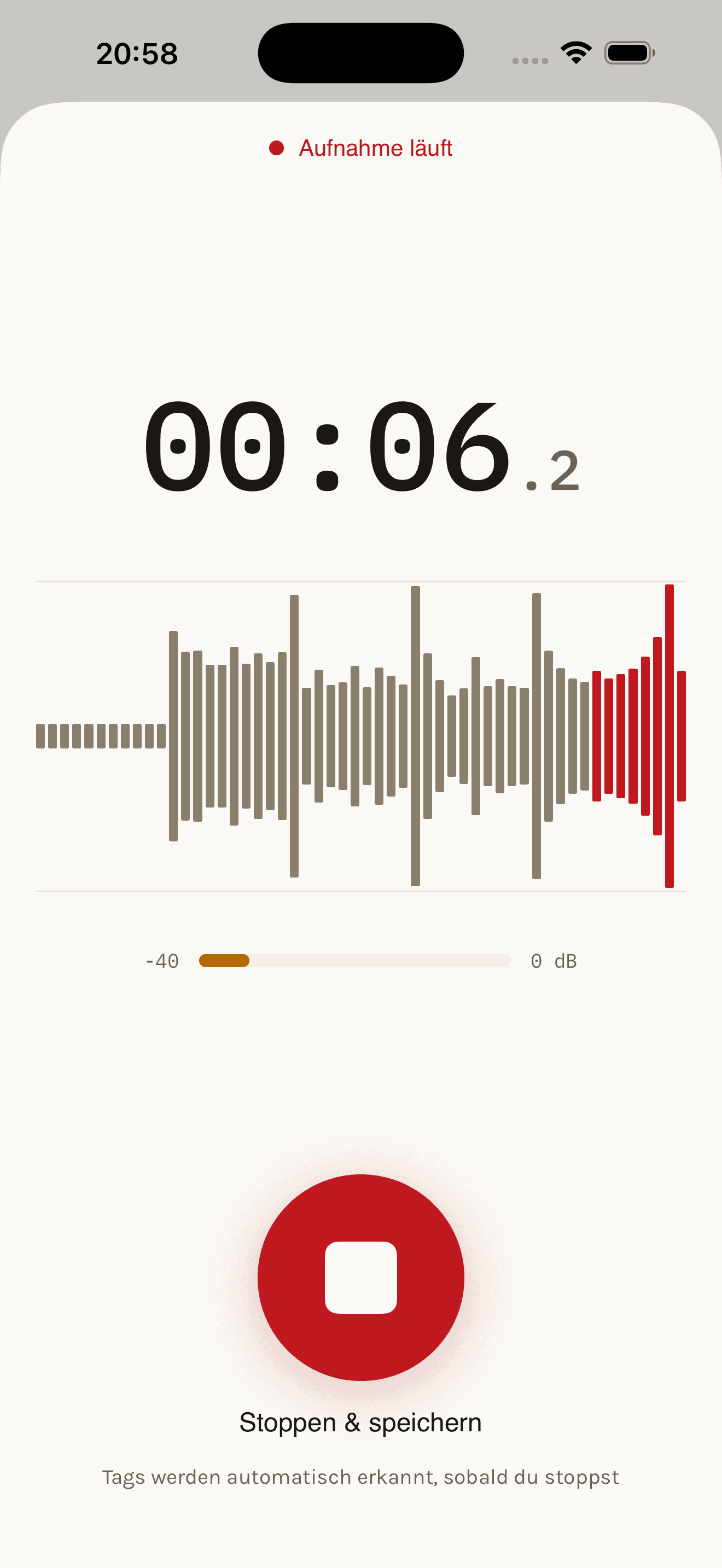 Amber's record screen: one tap to capture, tagging happens after